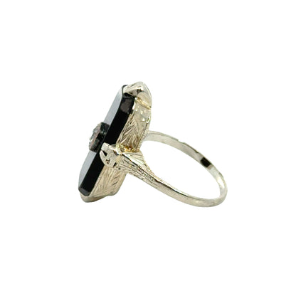 Art Deco 14K White Gold Onyx & Diamond Ring