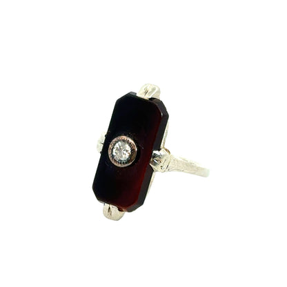 Art Deco 14K White Gold Onyx & Diamond Ring