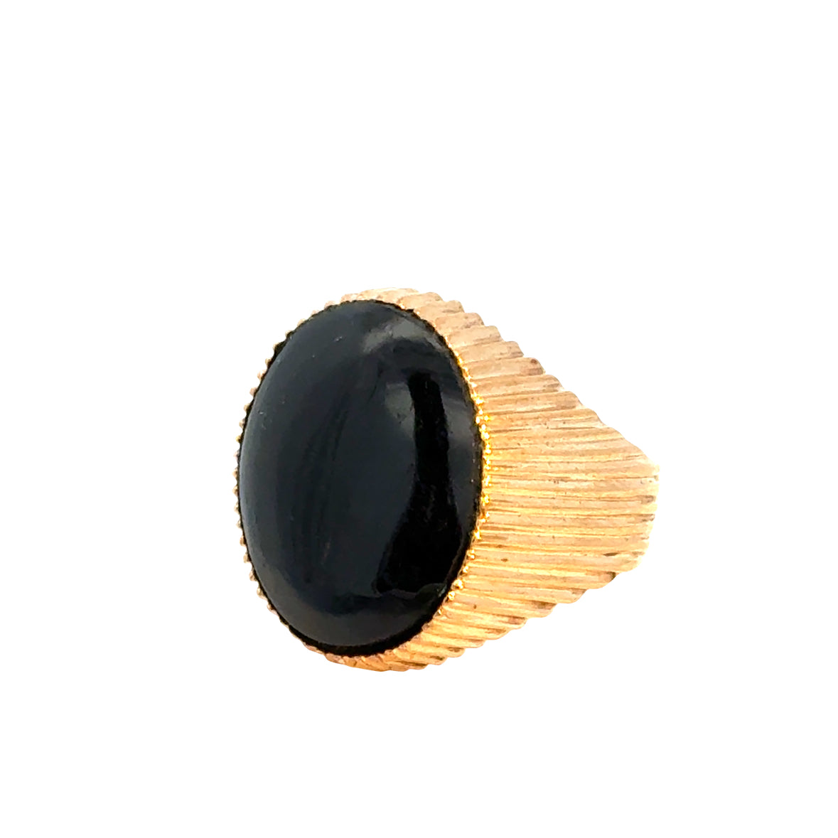 14K Yellow Gold Men’s Ribbed Gold Ring with Black Onyx