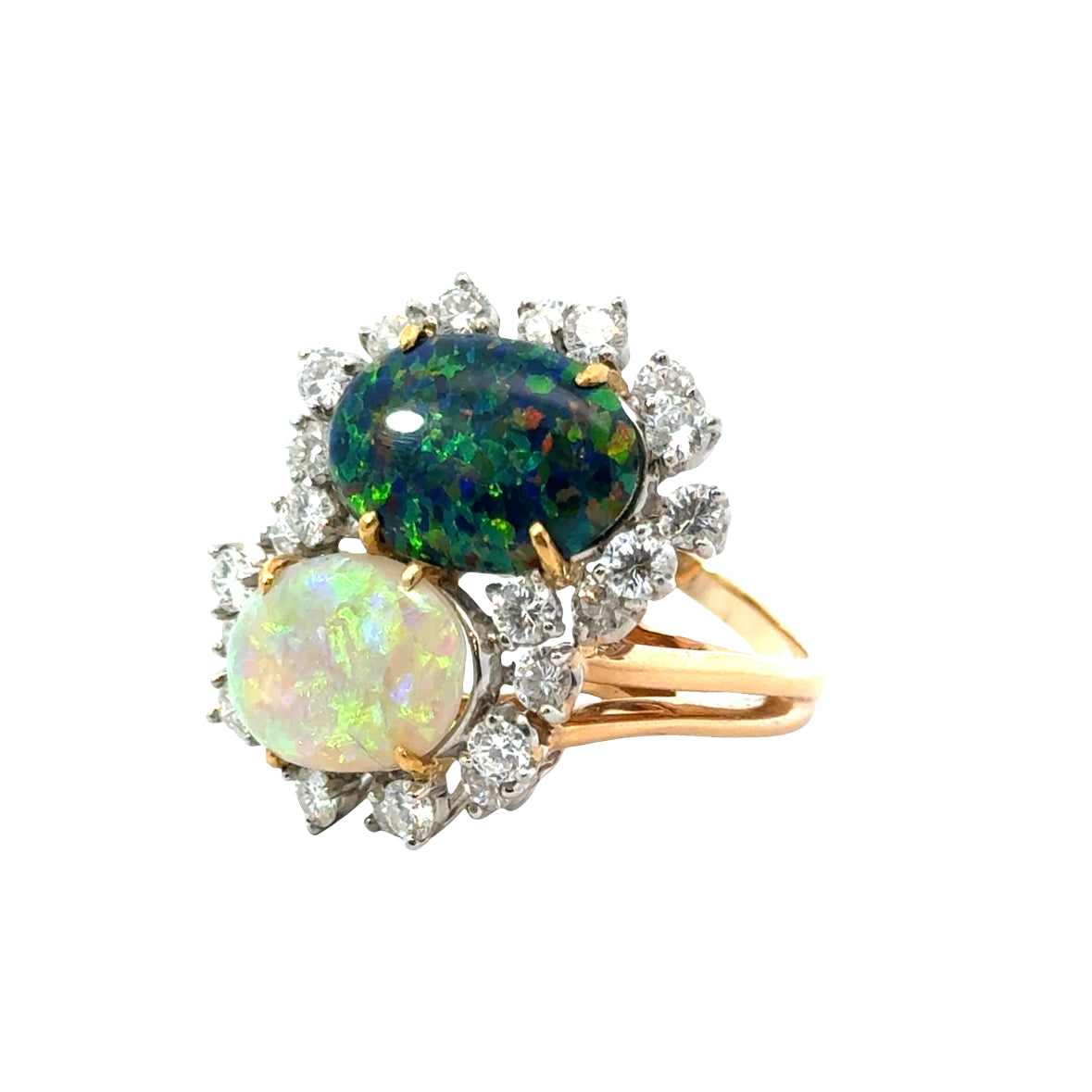 Remarkable 18K Yellow Gold Black & White Opal Toi et Moi Diamond Ring