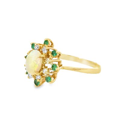 Delicate 14K Yellow Gold Opal & Emerald Ring