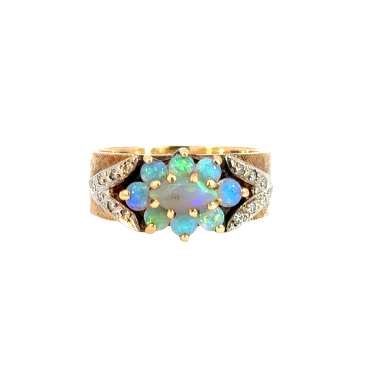 Vintage 14K Yellow Gold Opal Flower & Diamond Ring