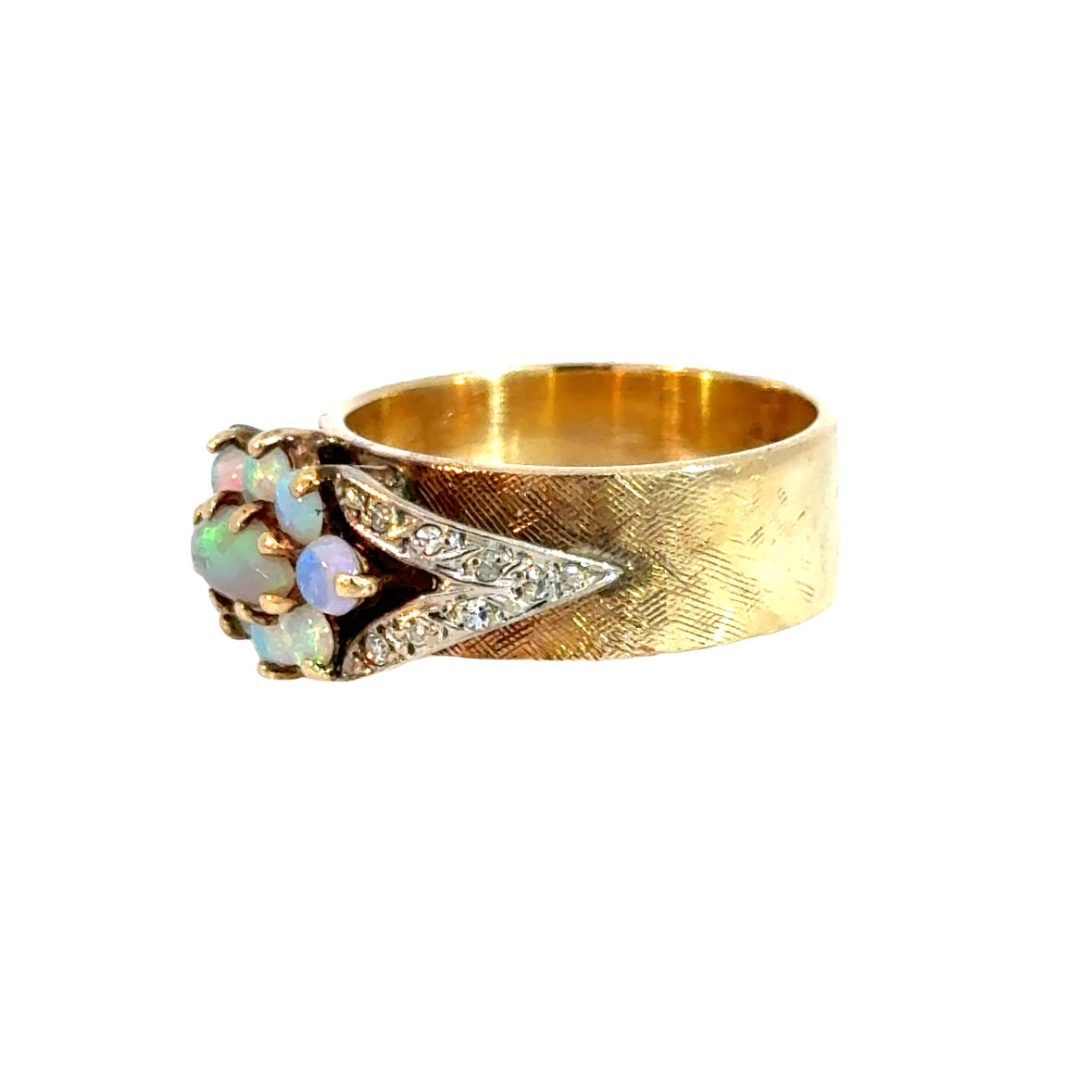 Vintage 14K Yellow Gold Opal Flower & Diamond Ring