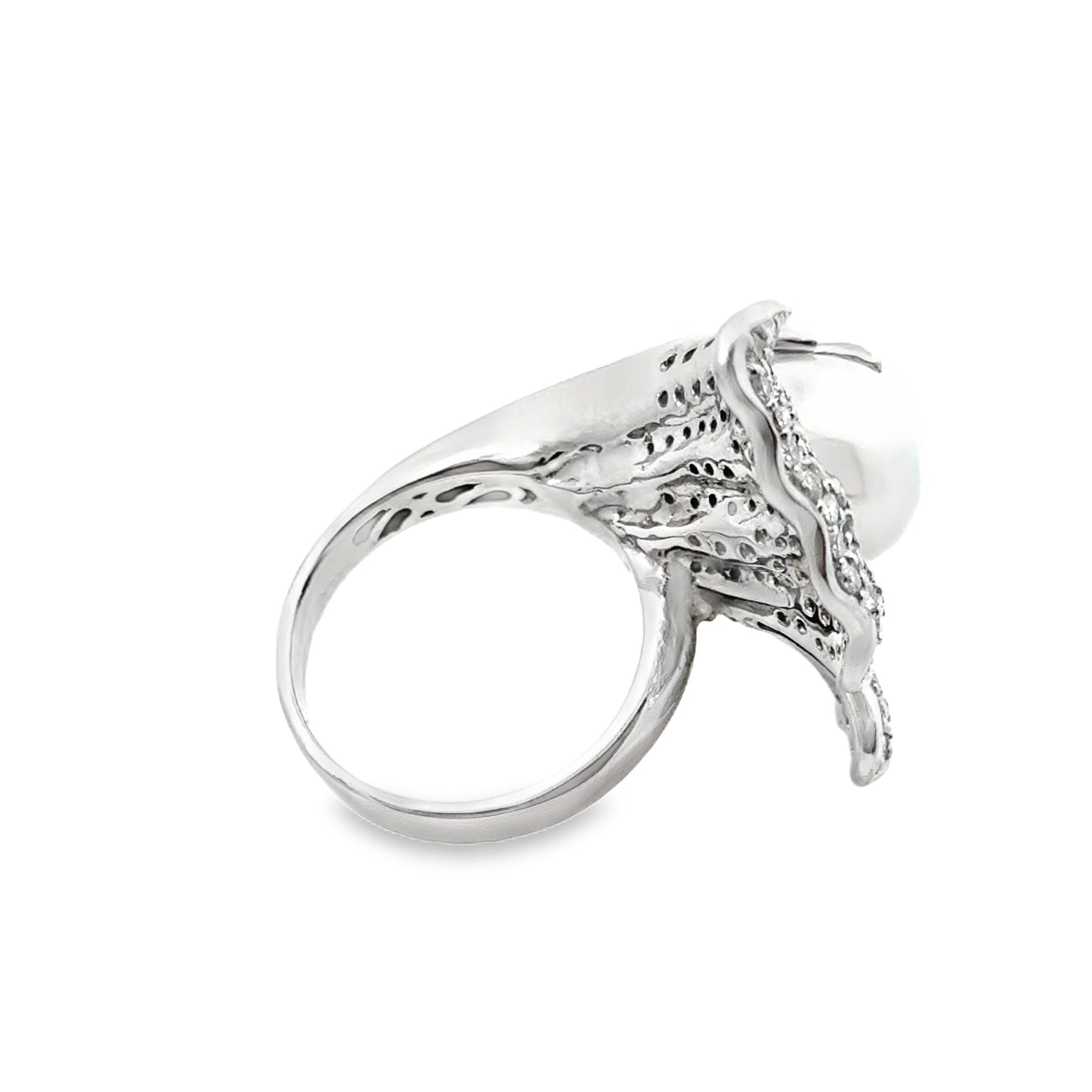 14K White Gold Glamorous 12mm Pearl and Pavé Diamond Couture Ring