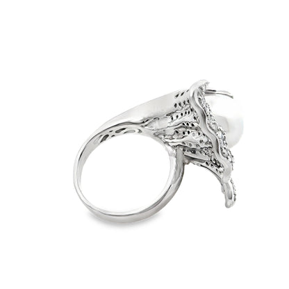 14K White Gold Glamorous 12mm Pearl and Pavé Diamond Couture Ring