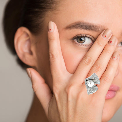 14K White Gold Glamorous 12mm Pearl and Pavé Diamond Couture Ring