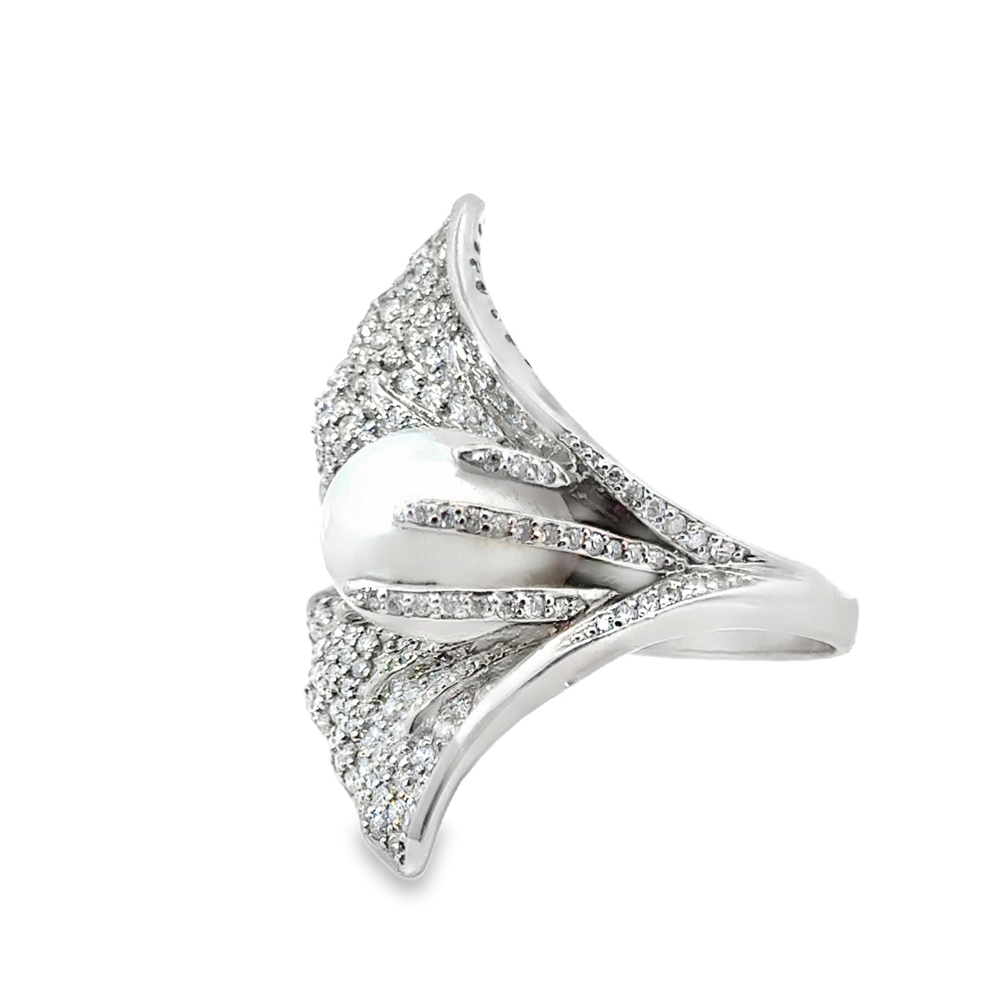 14K White Gold Glamorous 12mm Pearl and Pavé Diamond Couture Ring