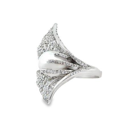14K White Gold Glamorous 12mm Pearl and Pavé Diamond Couture Ring