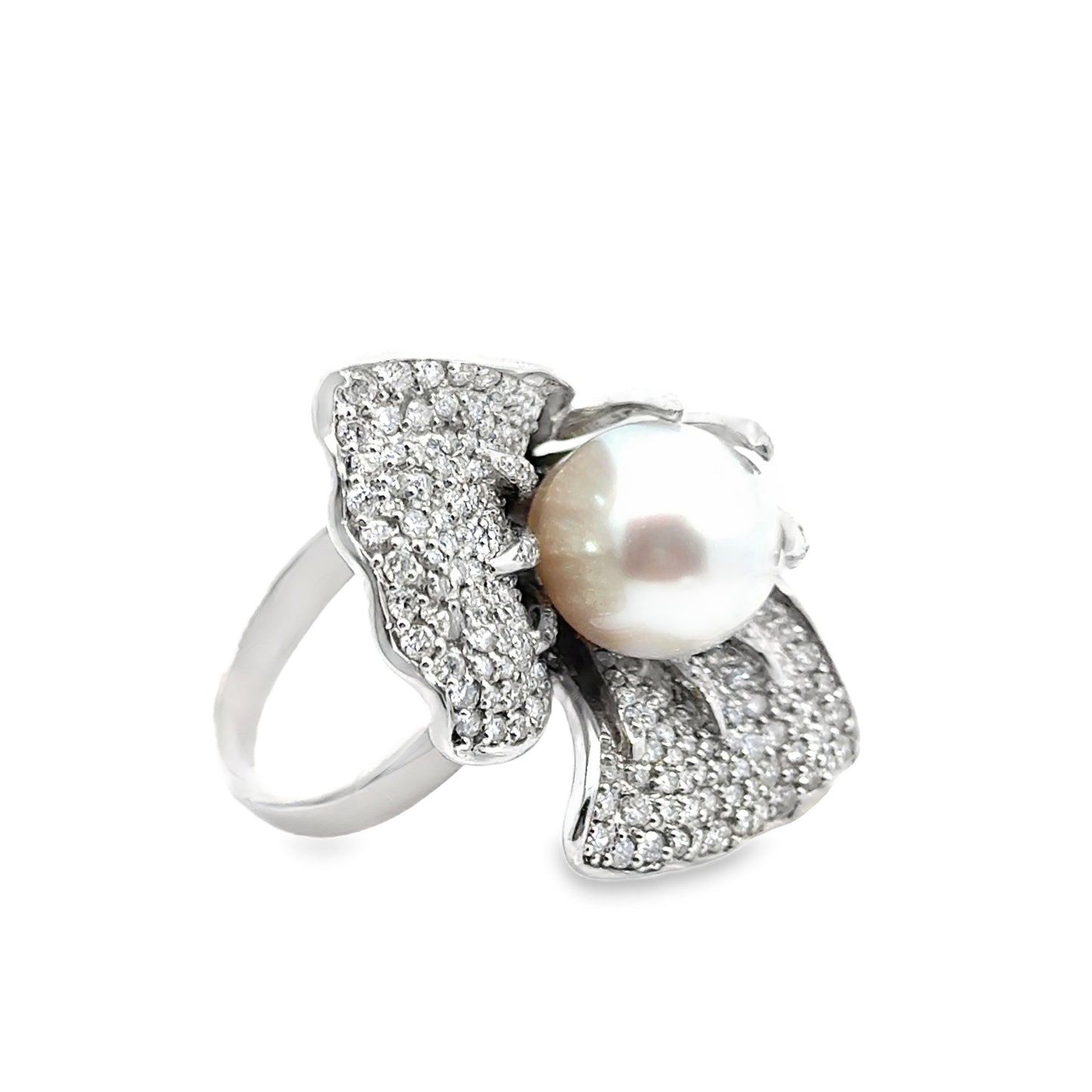 14K White Gold Glamorous 12mm Pearl and Pavé Diamond Couture Ring