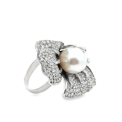 14K White Gold Glamorous 12mm Pearl and Pavé Diamond Couture Ring