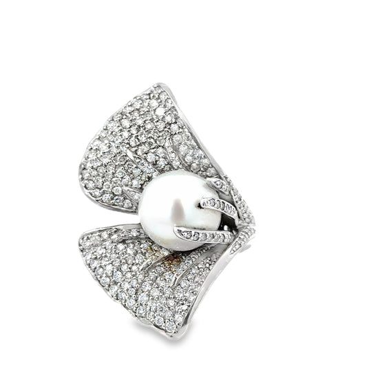 14K White Gold Glamorous 12mm Pearl and Pavé Diamond Couture Ring