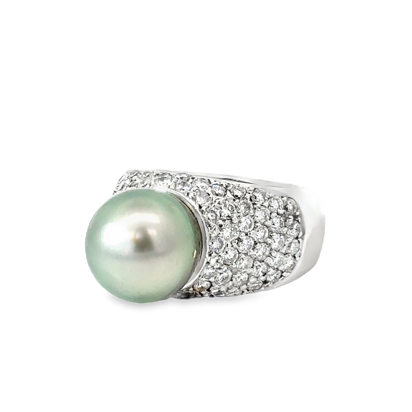 Bold 14K White Gold Gray Pearl & Diamond Pavé Statement Ring