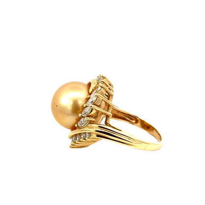 Luxury Golden Pearl Halo Ring in 14K Yellow Gold