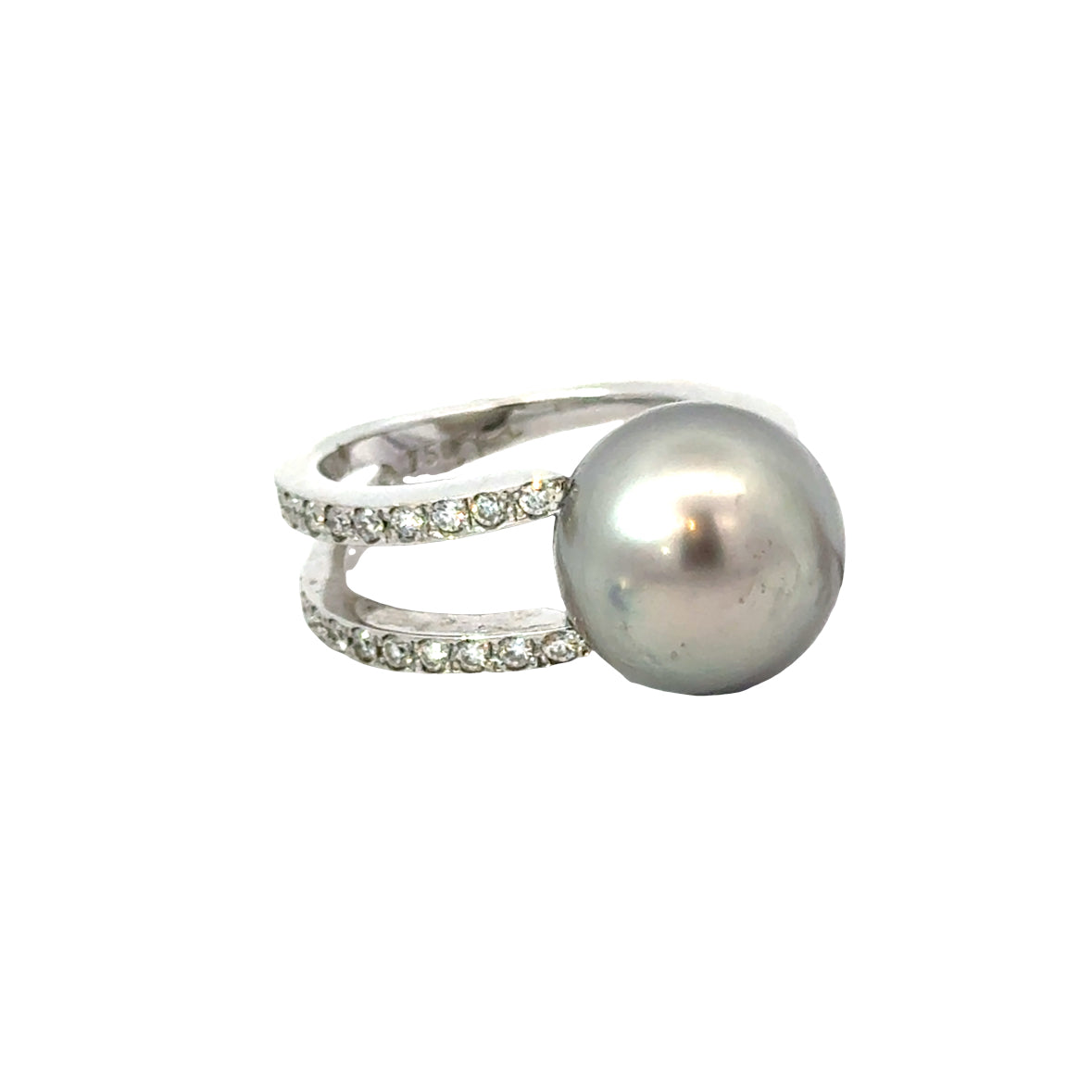 Contemporary 18K White Gold Gray Pearl & Diamond Split Shank Ring