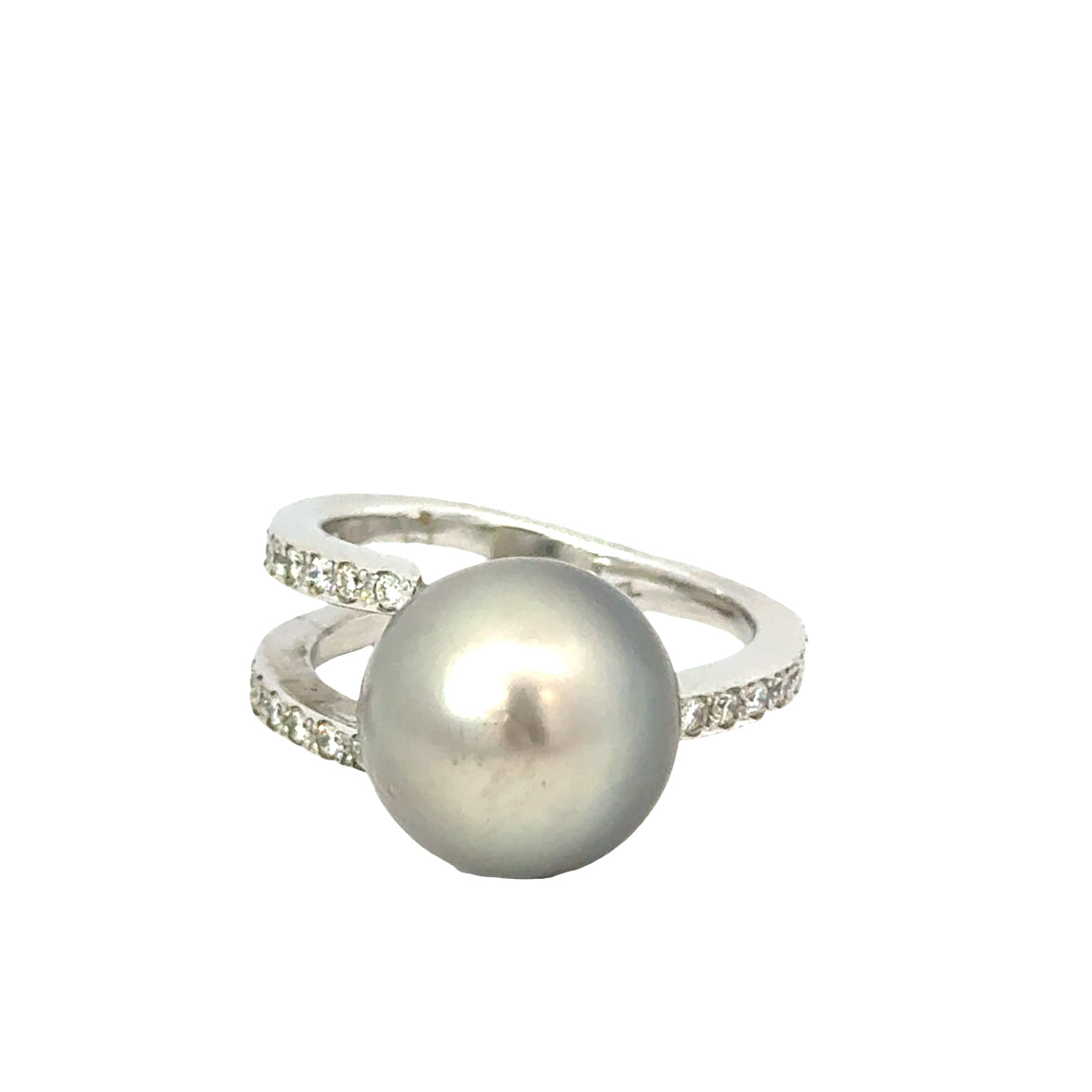 Contemporary 18K White Gold Gray Pearl & Diamond Split Shank Ring