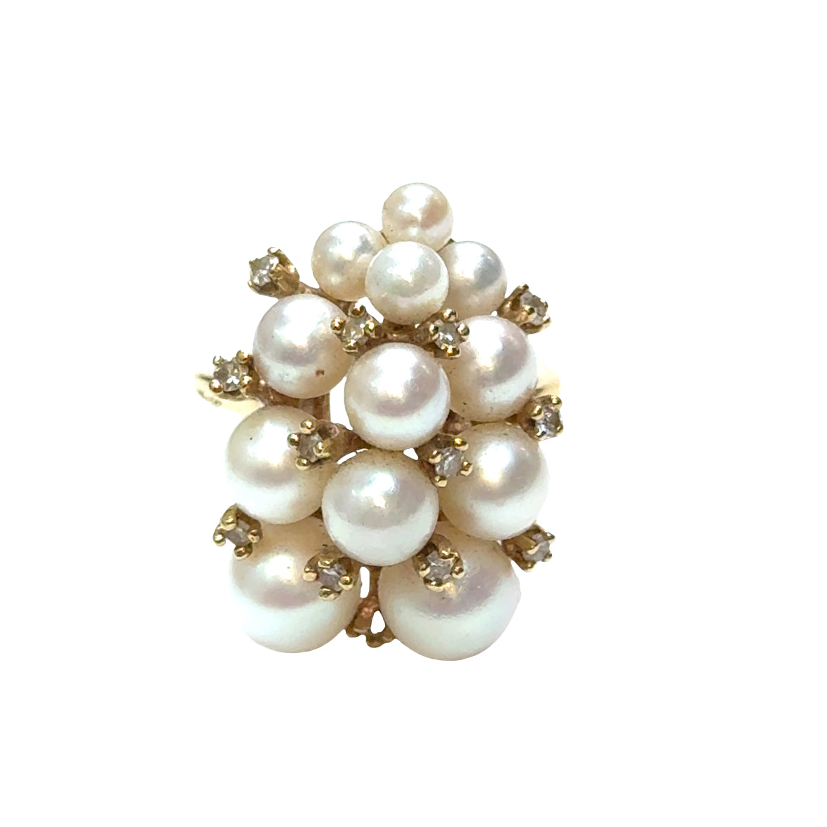 14K Yellow Gold 12 Pearls & Diamond Cluster Ring
