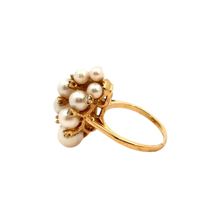 14K Yellow Gold 12 Pearls & Diamond Cluster Ring