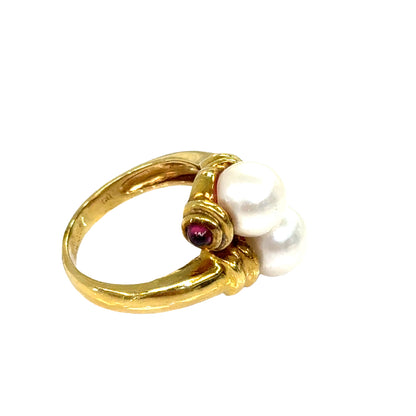 14K Yellow Gold Double Pearl & Ruby Accent Ring