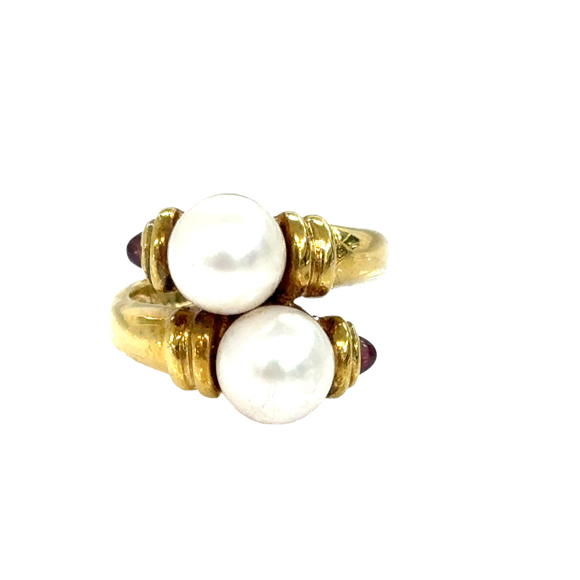14K Yellow Gold Double Pearl & Ruby Accent Ring