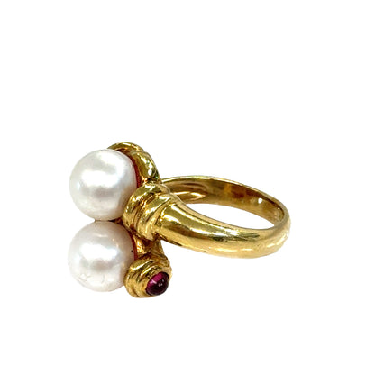 14K Yellow Gold Double Pearl & Ruby Accent Ring