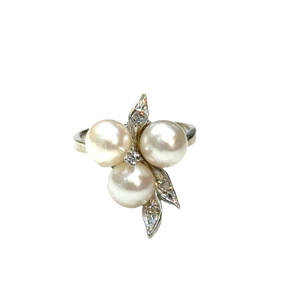 14K White Gold Three-Pearl & Diamond Leaf Ring