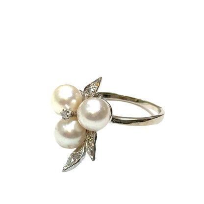 14K White Gold Three-Pearl & Diamond Leaf Ring