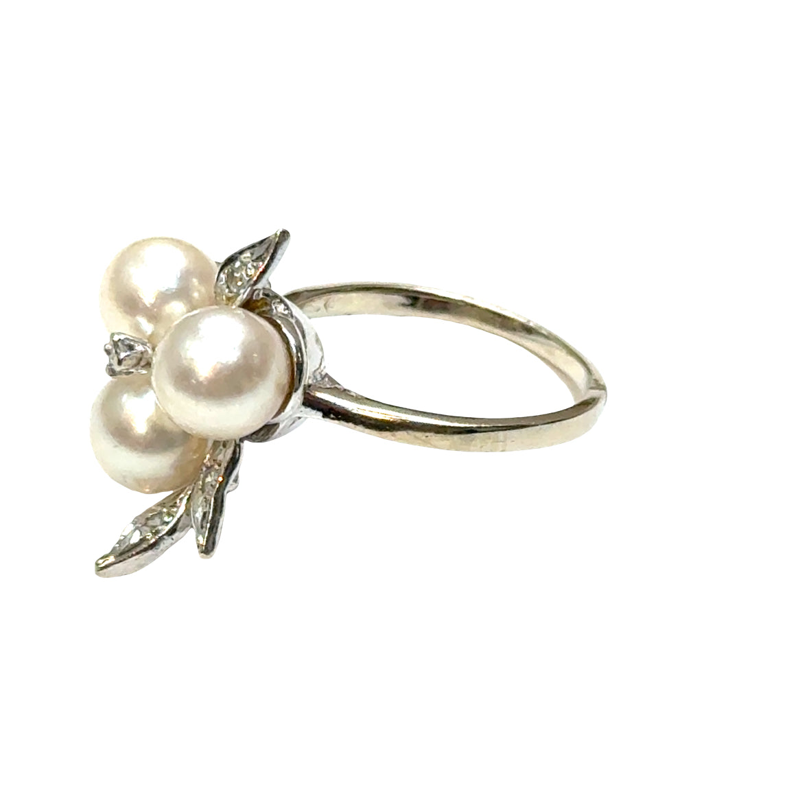 14K White Gold Three-Pearl & Diamond Leaf Ring