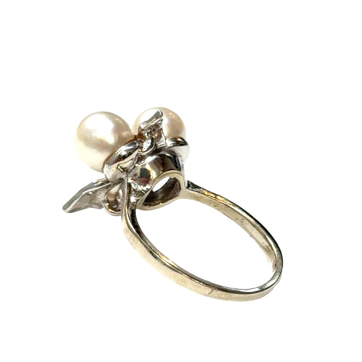 14K White Gold Three-Pearl & Diamond Leaf Ring