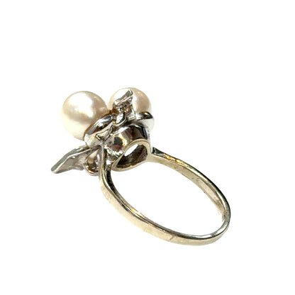 14K White Gold Three-Pearl & Diamond Leaf Ring
