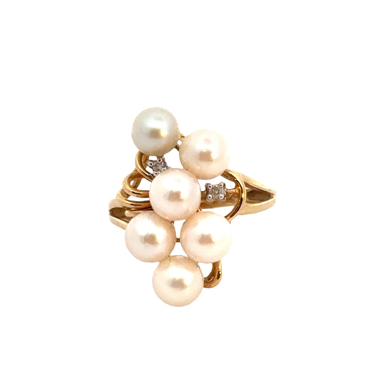 14K Yellow Gold Pearl & Diamond Swirl Ring