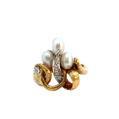 14K Yellow Gold Pearl & Diamond Bouquet Ring