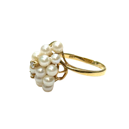 14K Yellow Gold Pearl Cluster Ring with Diamonds