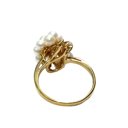 14K Yellow Gold Pearl Cluster Ring with Diamonds