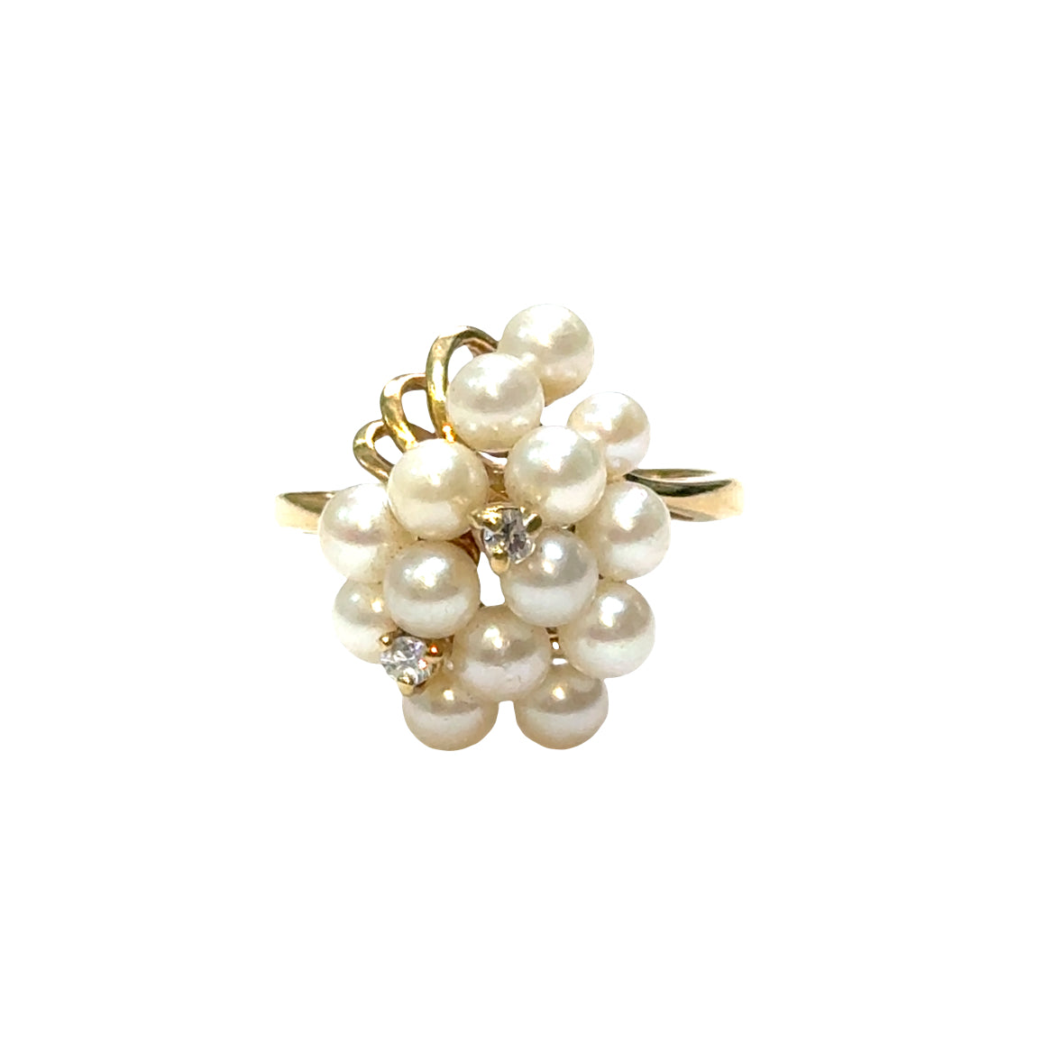 14K Yellow Gold Pearl Cluster Ring with Diamonds