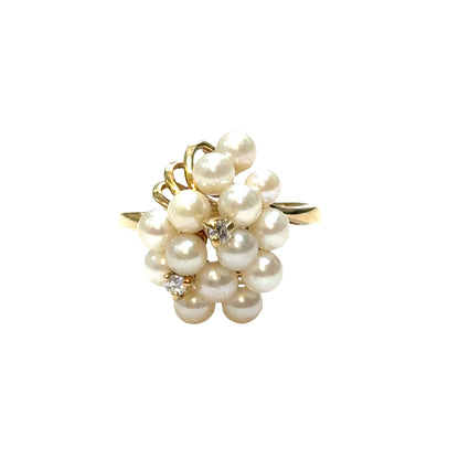 14K Yellow Gold Pearl Cluster Ring with Diamonds