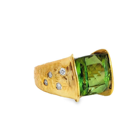 Estate 18K Hammered Yellow Gold Large Green Tourmaline & Diamond Cocktail Ring