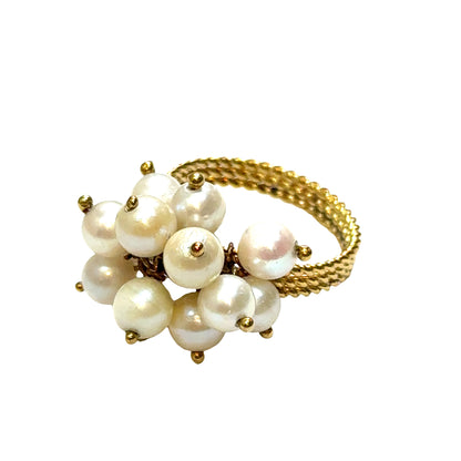14K Yellow Gold Wire-Set Pearl Cluster Ring with Gold Cable Shank