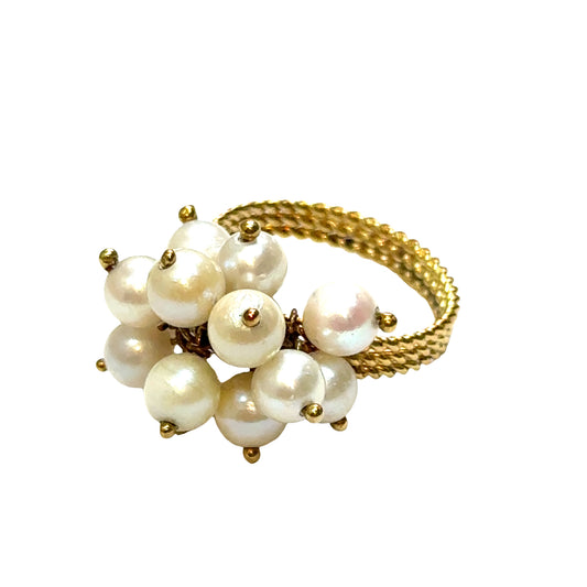 14K Yellow Gold Wire-Set Pearl Cluster Ring with Gold Cable Shank