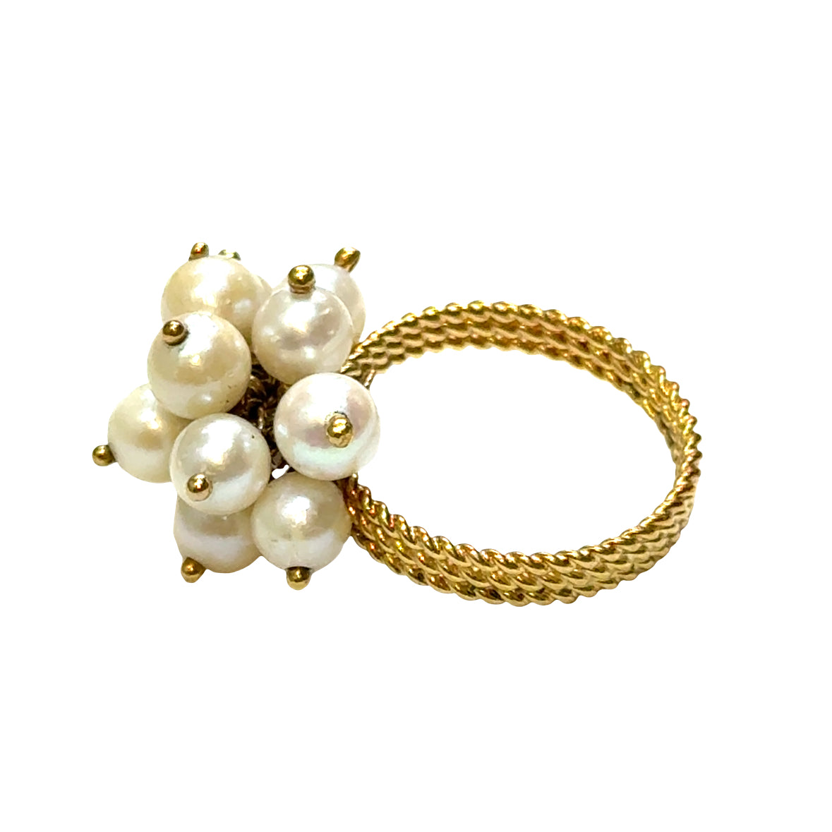 14K Yellow Gold Wire-Set Pearl Cluster Ring with Gold Cable Shank