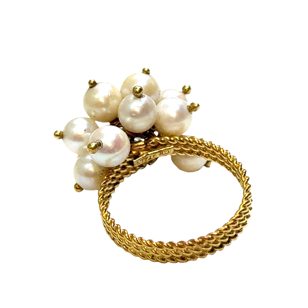 14K Yellow Gold Wire-Set Pearl Cluster Ring with Gold Cable Shank