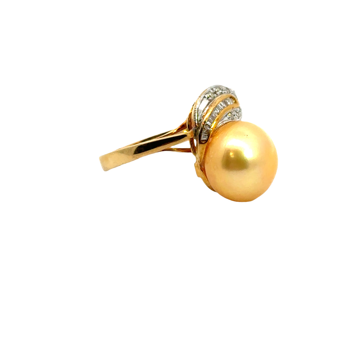 14K Yellow Gold Golden South Sea Pearl & Diamond Leaf Ring