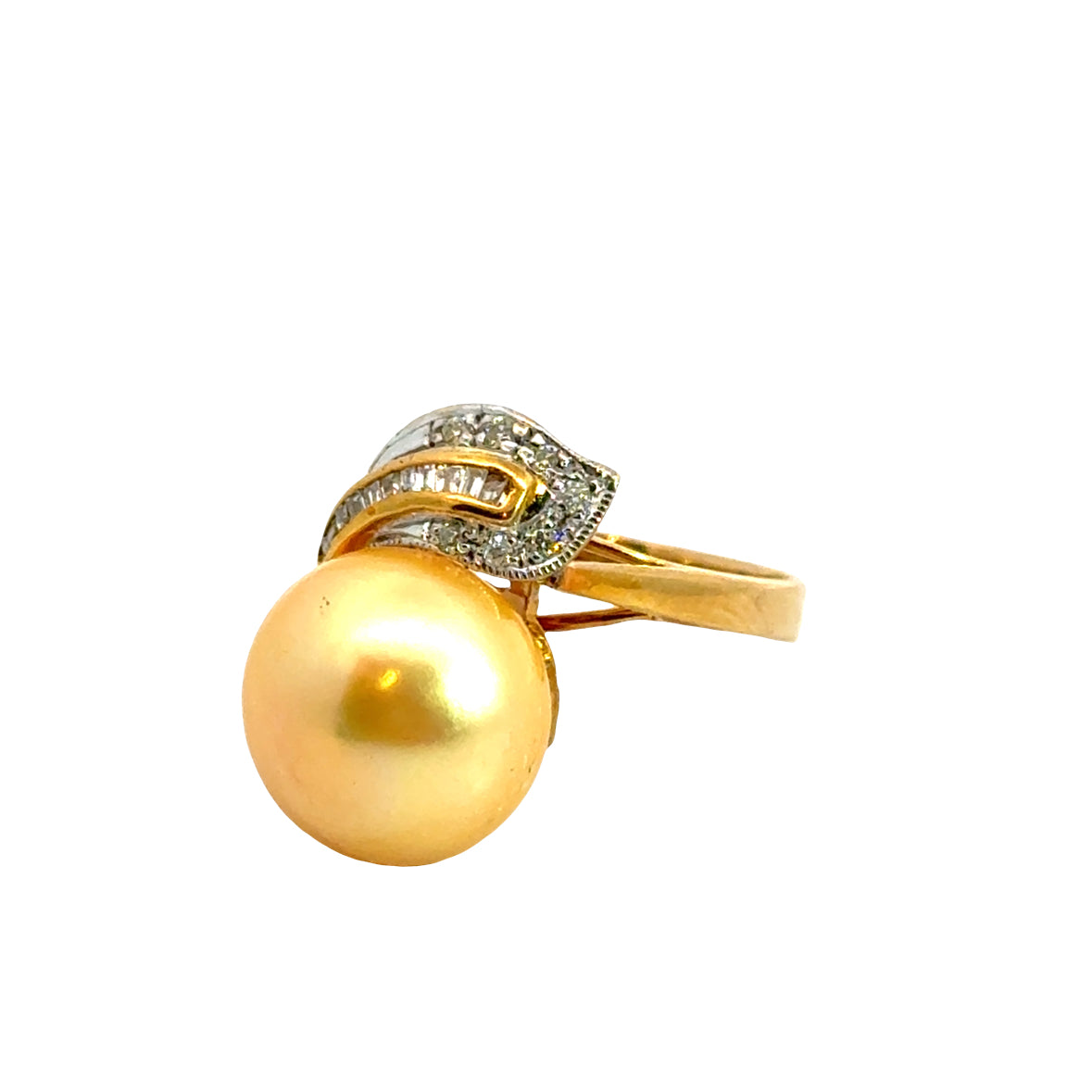 14K Yellow Gold Golden South Sea Pearl & Diamond Leaf Ring