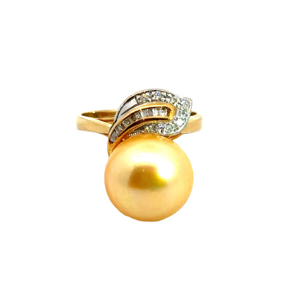 14K Yellow Gold Golden South Sea Pearl & Diamond Leaf Ring