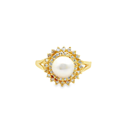 14K Yellow Gold Pearl & Diamond Halo Ring