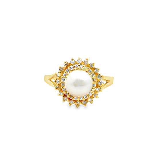14K Yellow Gold Pearl & Diamond Halo Ring