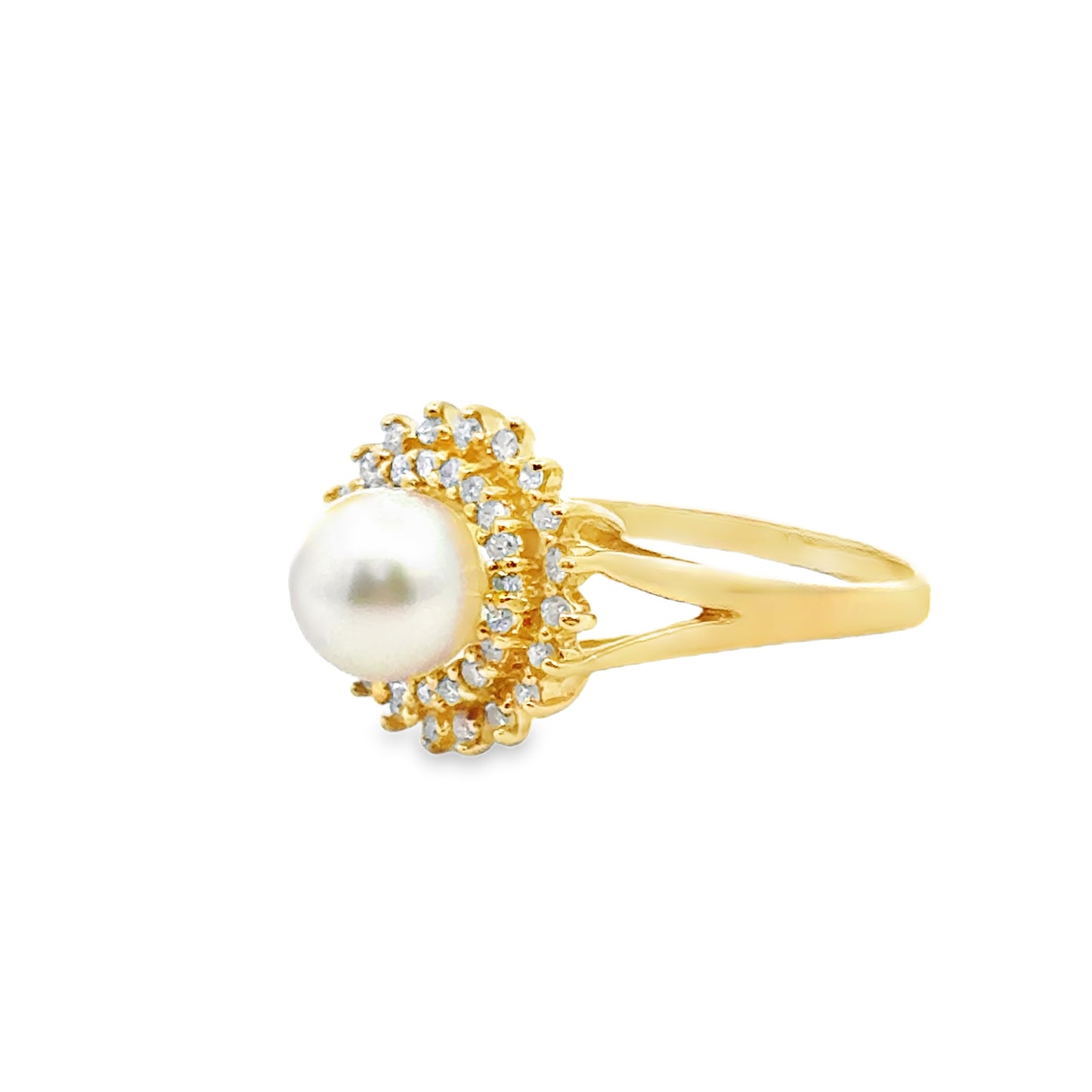 14K Yellow Gold Pearl & Diamond Halo Ring
