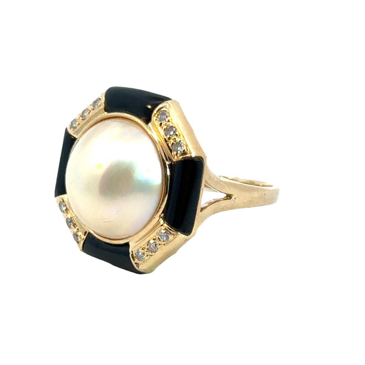 Vintage Pearl Onyx Diamond Geometric Ring in 14K Gold