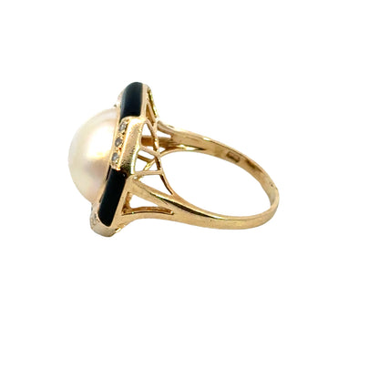 Vintage Pearl Onyx Diamond Geometric Ring in 14K Gold