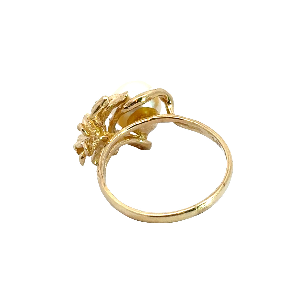 14K Yellow Gold Delicate Flower & Leaf Pearl Ring