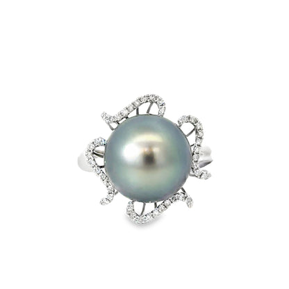 14K White Gold Gray Pearl & Diamond Petal Ring